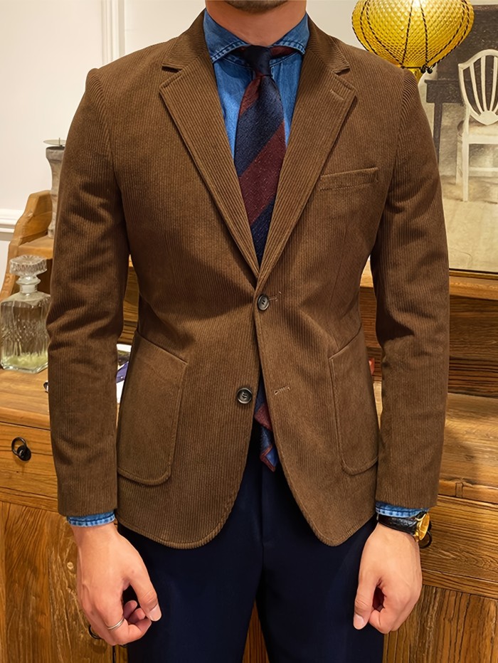 Men's Corduroy Blazer - Casual Single-Breasted Jacket with Suit Collar, Solid Color, Perfect for Fall\u002FWinter