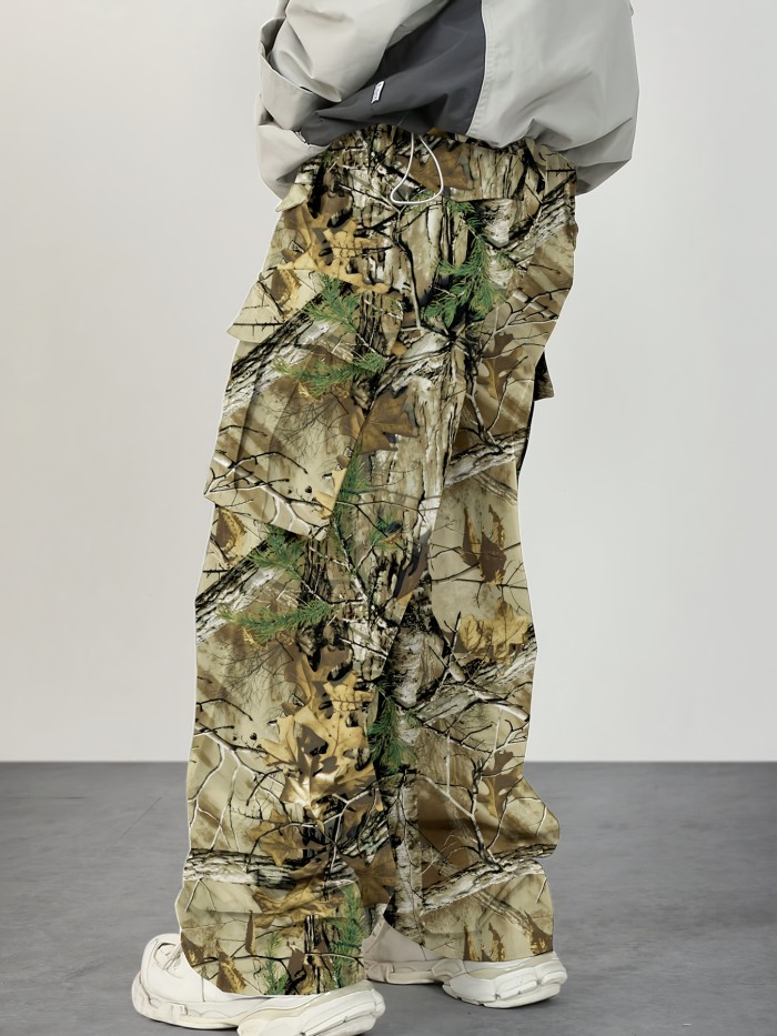 1pc Men'S Multicolor Camouflage Cargo Pants, Vintage Style, Non-Stretch Polyester, All-Season Loose Fit with Multiple Pockets and Drawstring, Regular Length, Woven Print Design for Outdoor Fitness and Trendy Casual Wear