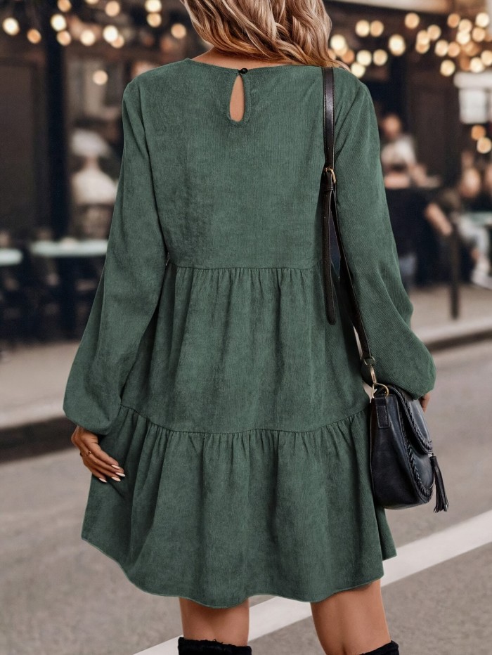 For Spring & Fall, Long Sleeve Solid Color Crew Neck Casual Tucked Dress, Women's Clothing
