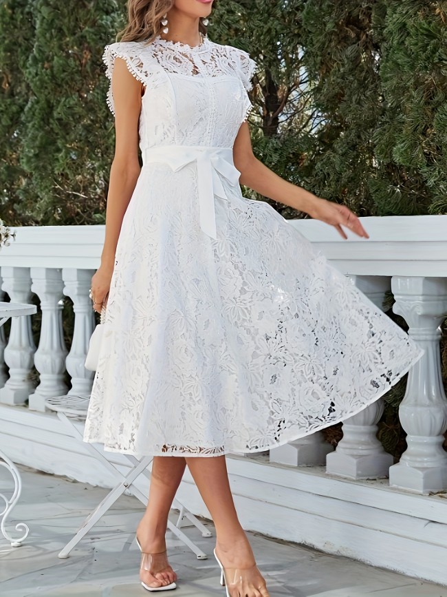 Stunning Lace Tie Waist A-Line Swing Dress - Elegant Cap Sleeves, Slim Fit, Club & Party Perfect, Women's Clothing for Special Occasions