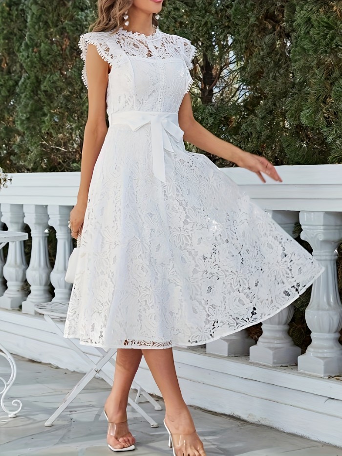 Stunning Lace Tie Waist A-Line Swing Dress - Elegant Cap Sleeves, Slim Fit, Club & Party Perfect, Women's Clothing for Special Occasions