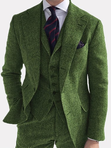 Men's Green Tweed Notch Lapel Blazer with Button Detail - Polyester, Machine Washable, Fall\u002FWinter Fashion, PLUS SIZE