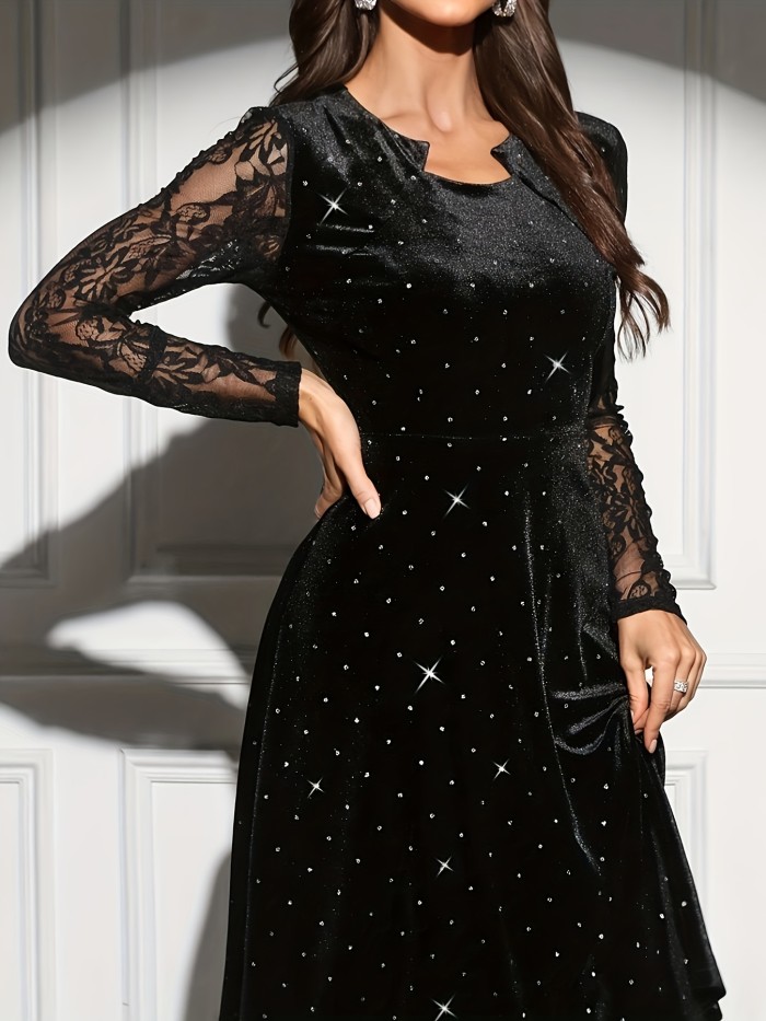 Elegant Black Slim-Fit Dress for Women - Crew Neck, Lace Detail, Non-Stretch Polyester - Perfect for Spring\u002FFall