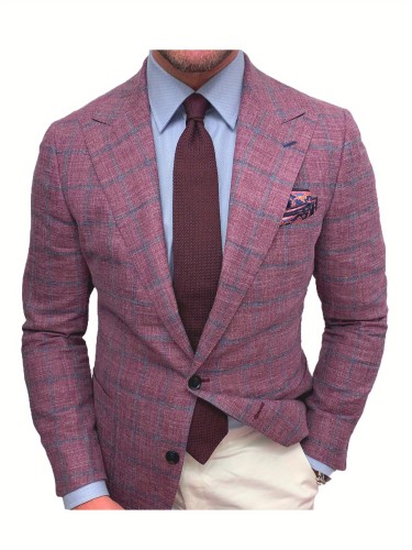 Elegant Men's Blazer - Solid Color\u002FPlaid, Long Sleeve with Lapel Collar, Button-Up Suit Jacket for Parties & Dates