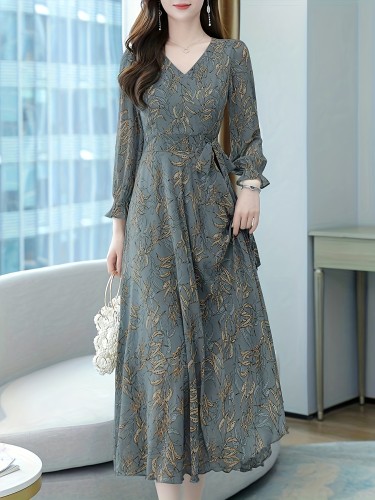 Elegant Long Sleeve Floral Midi Dress - Vintage-Inspired V-Neck Design, Perfect for Casual and Formal Occasions, Woman's Chic Wardrobe Essential
