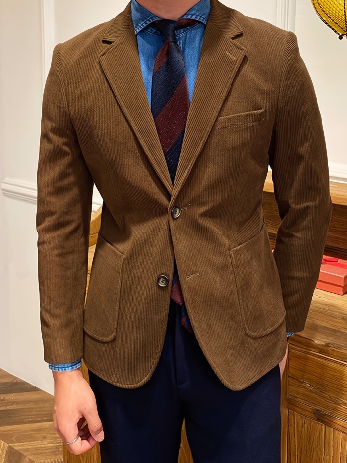 Men's Corduroy Blazer - Casual Single-Breasted Jacket with Suit Collar, Solid Color, Perfect for Fall\u002FWinter