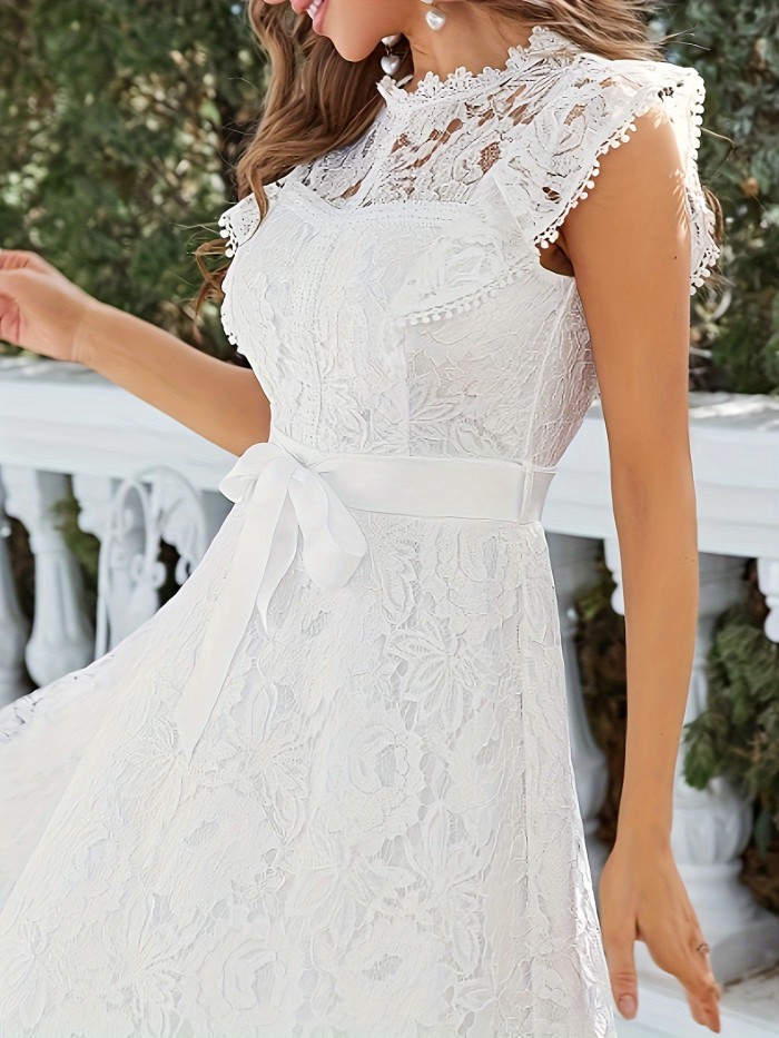 Stunning Lace Tie Waist A-Line Swing Dress - Elegant Cap Sleeves, Slim Fit, Club & Party Perfect, Women's Clothing for Special Occasions