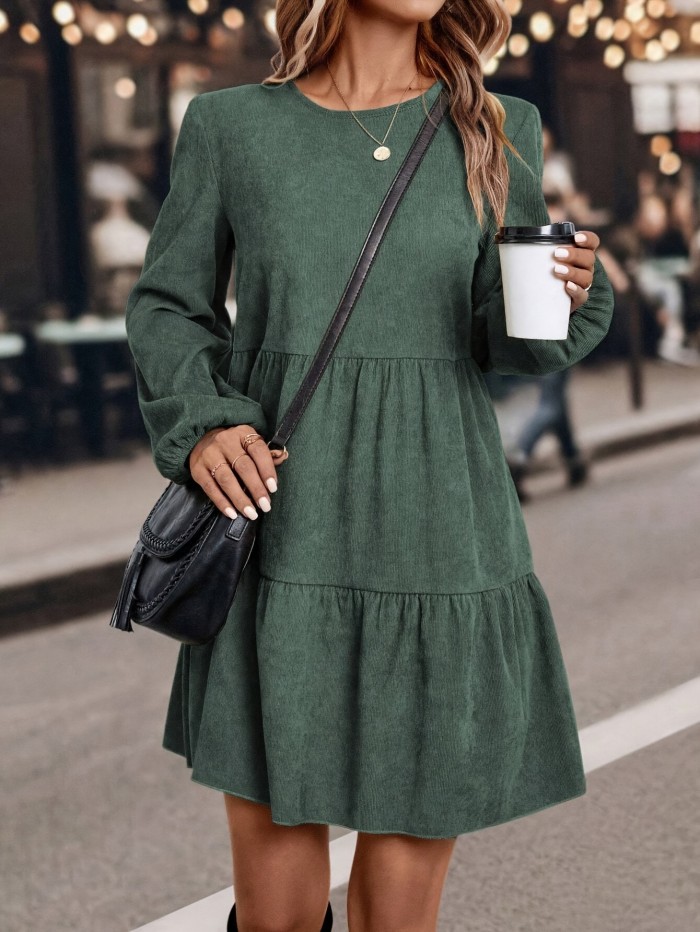 For Spring & Fall, Long Sleeve Solid Color Crew Neck Casual Tucked Dress, Women's Clothing