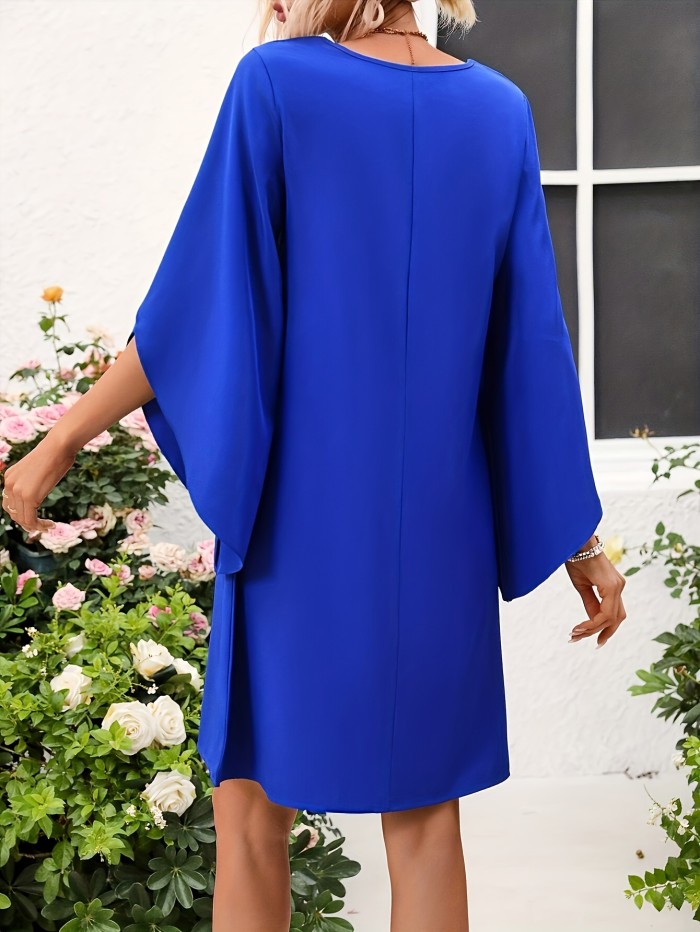 Elegant Solid Color Midi Dress with Petal Sleeves and Side Slits - Crew Neck, Loose Fit for Women - Perfect for Spring, Summer & Fall