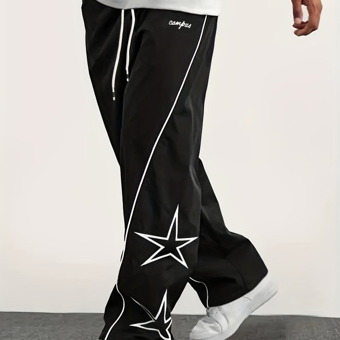 Men's Casual Striped & Star Pattern Drawstring Wide-Leg Pants - Polyester, Machine Washable, Non-Stretch, All-Season Comfort Fit with Pockets, Perfect for Outdoor Activities