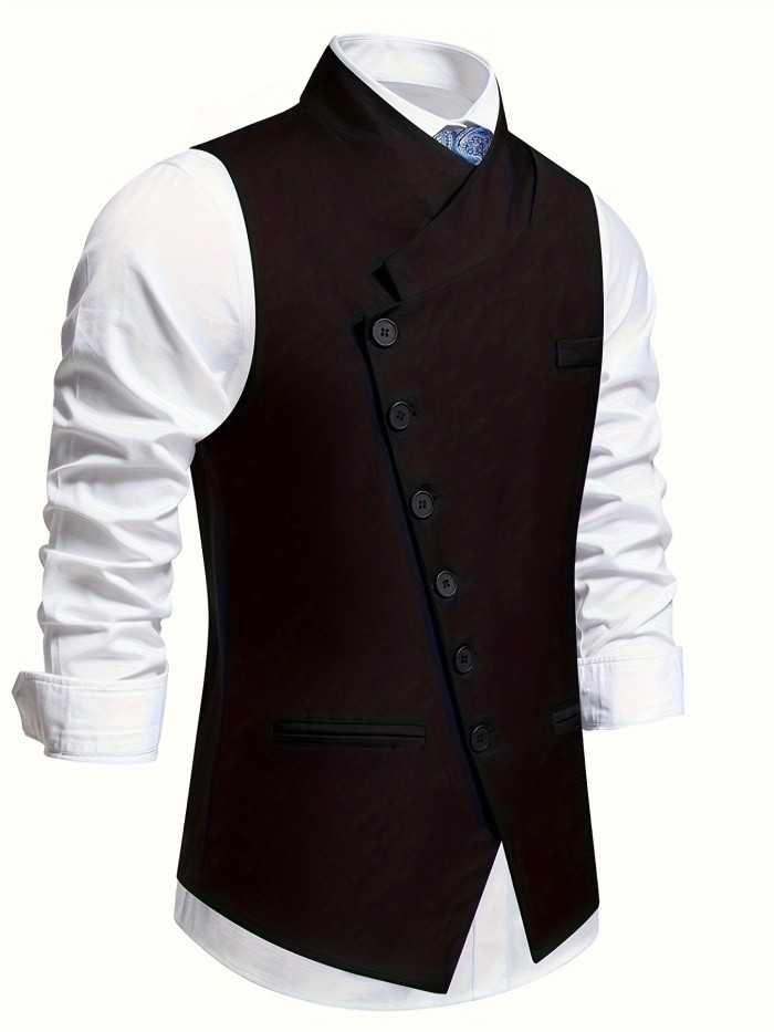 Men's Chic V-Neck Slant Single Breasted Waistcoat - Formal Dress Vest for Wedding Party, Performance, and Special Occasions - Stylish, Versatile, and Comfortable Design with Adjustable Back and Classic V-Neckline