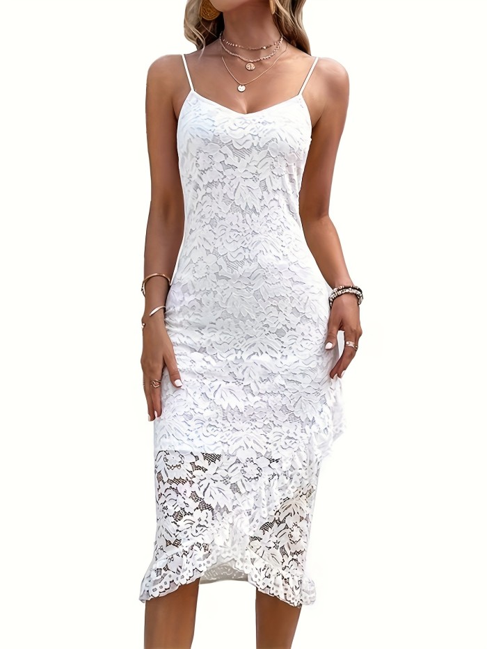 Flirty Ruffle Trim V-neck Cami Dress - Seamless Sleeveless Bodycon Fit - Perfect for Spring & Summer - Trendy Womens Clothing