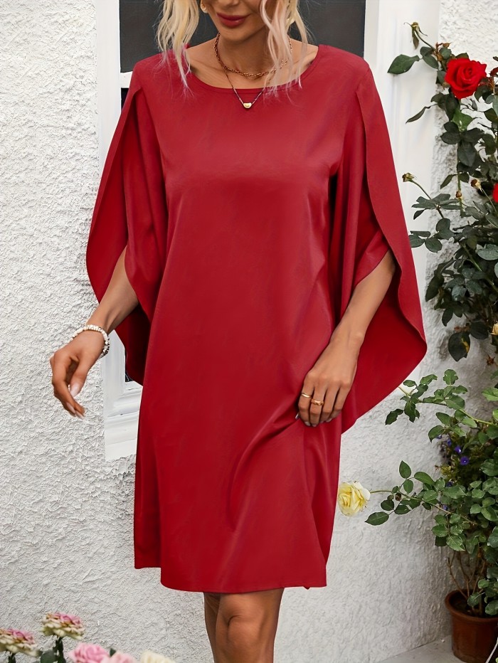 Elegant Solid Color Midi Dress with Petal Sleeves and Side Slits - Crew Neck, Loose Fit for Women - Perfect for Spring, Summer & Fall