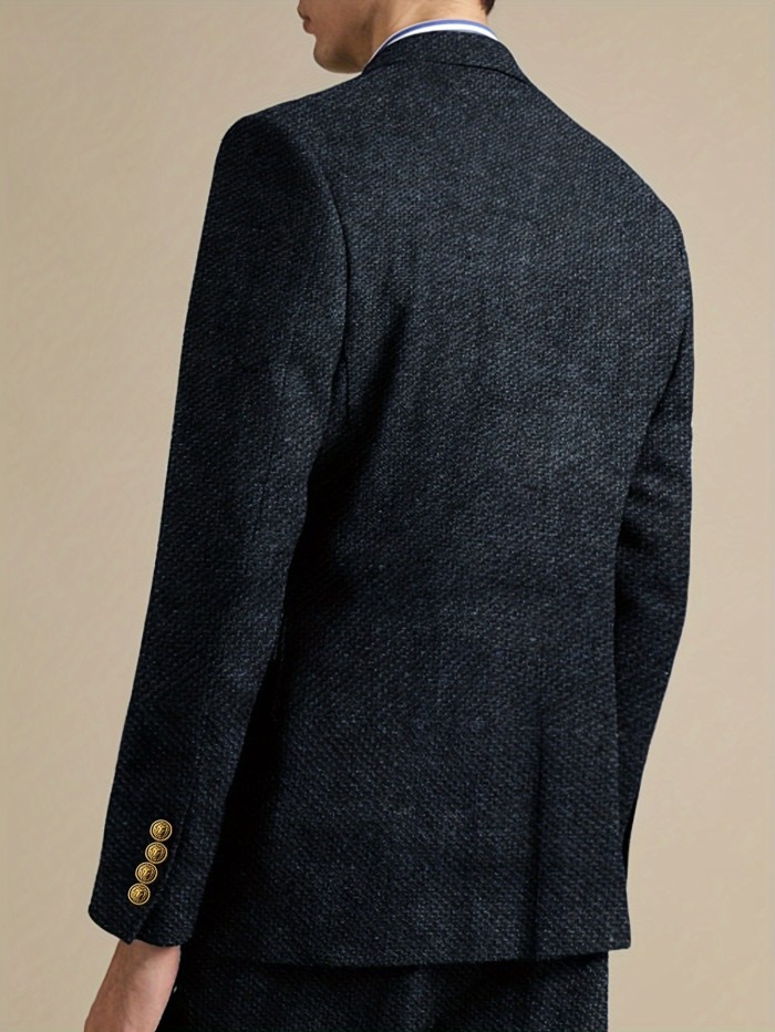 Men'S Tweed Blazer, Classic British Style, Casual Suit Jacket, Solid Color, Woven Fabric, Non-Stretch, Regular Fit, Long Sleeves, Spring\u002FAutumn Season, Pocket Detail, Notched Lapel