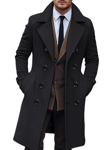 Men'S Polyester Double Breasted Trench Coat, Stand Collar, Non-Stretch Fabric, Solid Color, Skinny Fit, Woven, for Fall\u002FWinter Vacation Style Outerwear