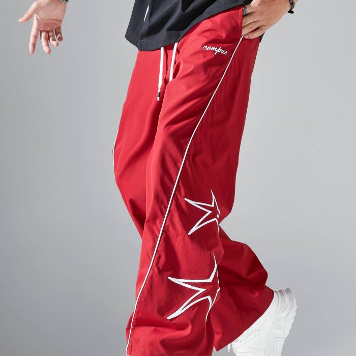 Men's Casual Striped & Star Pattern Drawstring Wide-Leg Pants - Polyester, Machine Washable, Non-Stretch, All-Season Comfort Fit with Pockets, Perfect for Outdoor Activities