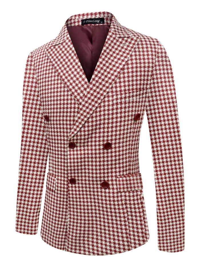 Vintage Style Men'S Houndstooth Pattern Suit Jacket, Polyester Non-Stretch Fabric, Regular Fit, with Notched Lapel, Front Split Detail, for Formal Occasions, Fall\u002FWinter Collection