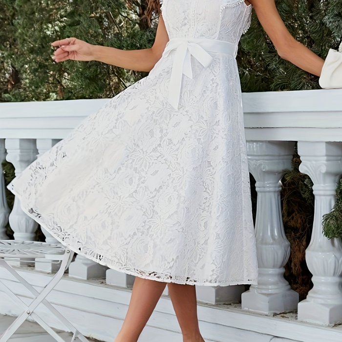 Stunning Lace Tie Waist A-Line Swing Dress - Elegant Cap Sleeves, Slim Fit, Club & Party Perfect, Women's Clothing for Special Occasions