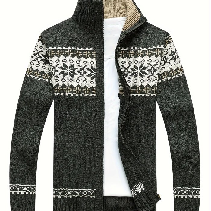 Geometric Snowflake Cardigan - Classic Style, Loose Fit, Stand Collar, Zip Up, Graphic Knit, Leisure Top for Winter and Fall, Cozy and Warm