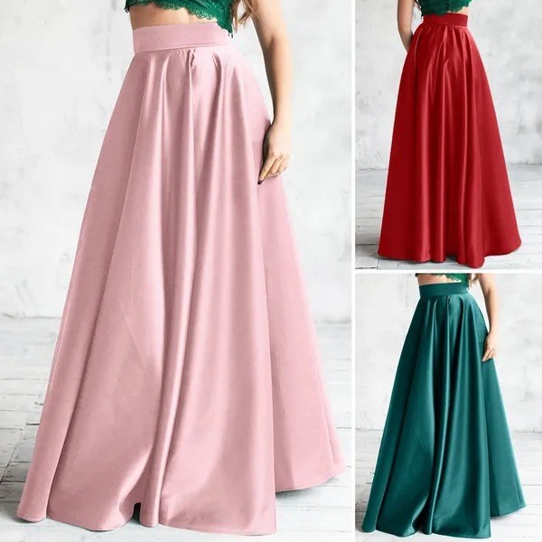 Fashion Women's High Waist Satin Casual Loose A-Line Maxi Skirt