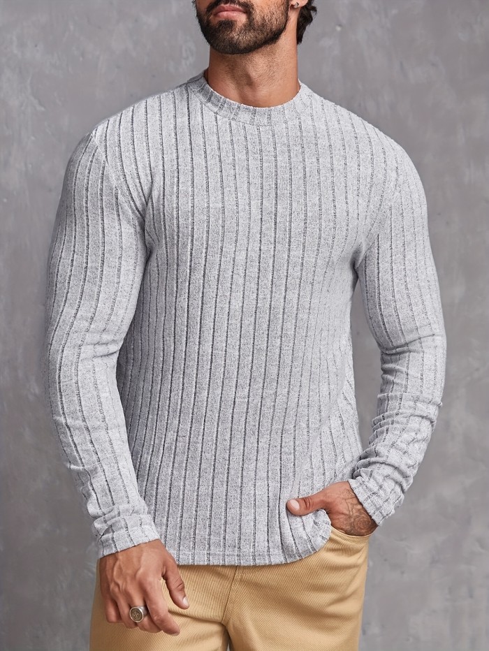 Ribbed Mens Slim Fit High Stretch Knitted T-Shirt - Ultra-Comfortable Long Sleeve Pullover for Spring & Fall - Versatile Round Neck Top