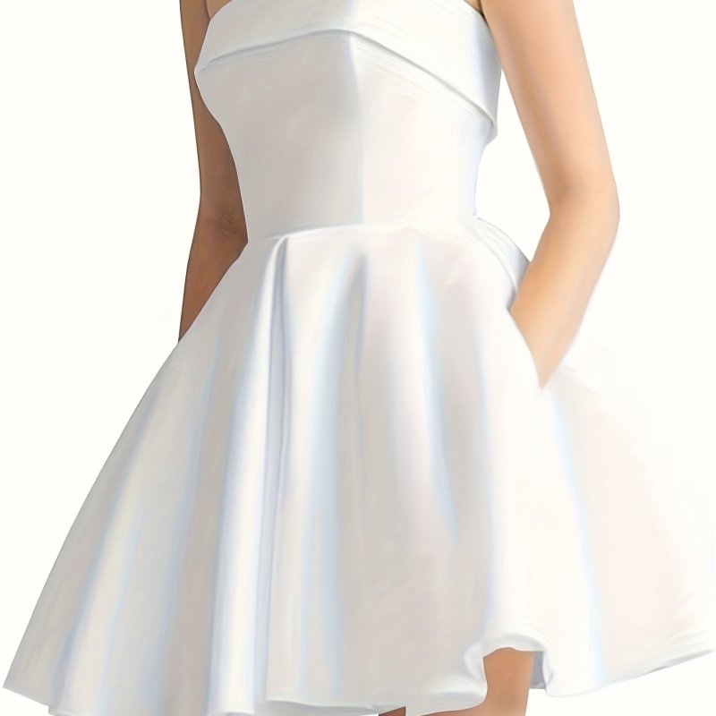 1pc Elegant Polyester Satin Off-Shoulder Bandeau Dress for Women - Solid Color Sleeveless A-Line Cocktail Dress with Lace-Up Detail and Chest Pad for All Seasons