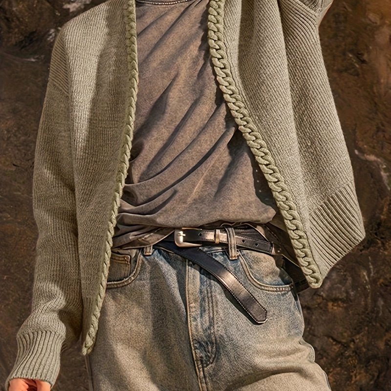 Men's Casual V-Neck Knit Cardigan with Braided Detail - Polyester Blend Long Sleeve Sweater with Slight Stretch for Fall, Spring, Winter - Loose Fit Hiking & Outdoor Top