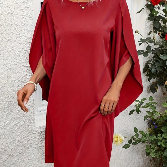 Elegant Solid Color Midi Dress with Petal Sleeves and Side Slits - Crew Neck, Loose Fit for Women - Perfect for Spring, Summer & Fall