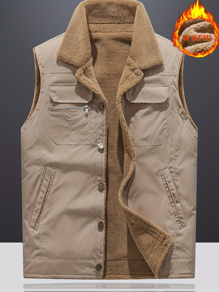 Thickened Fleece Men's Warm Vest, Lightweight Casual Outdoor Multi-Pocket Jacket For Hiking, Running, And Everyday Wear