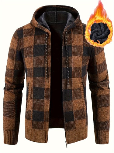 Cozy Plaid Hooded Cardigan Jacket - Soft, Warm, Slightly Stretchy, Zip-Up Design for Men - Perfect for Fall and Winter Casual Wear