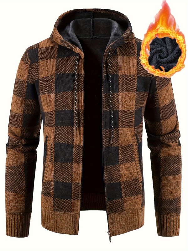 Cozy Plaid Hooded Cardigan Jacket - Soft, Warm, Slightly Stretchy, Zip-Up Design for Men - Perfect for Fall and Winter Casual Wear