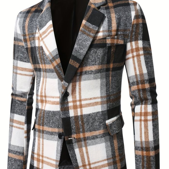 Men's Checkered Graphic Print Blazer With Pockets, Casual Two Button Lapel Suit Jacket For Spring Fall Business Banquets, Parties