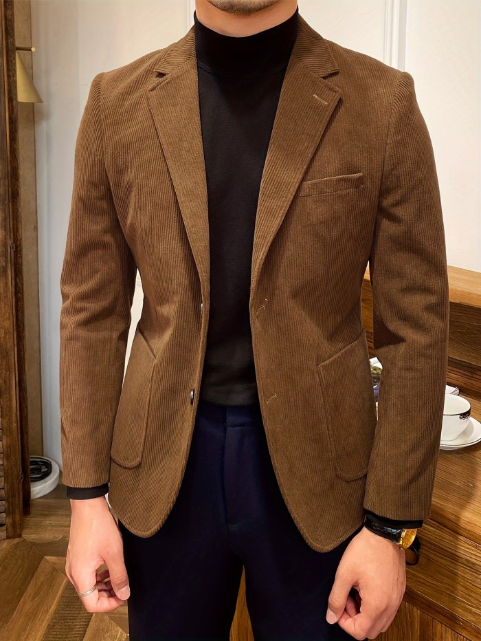 Men's Corduroy Blazer - Casual Single-Breasted Jacket with Suit Collar, Solid Color, Perfect for Fall\u002FWinter