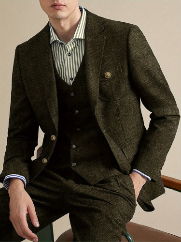 Men'S Tweed Blazer, Classic British Style, Casual Suit Jacket, Solid Color, Woven Fabric, Non-Stretch, Regular Fit, Long Sleeves, Spring\u002FAutumn Season, Pocket Detail, Notched Lapel
