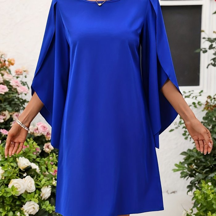 Elegant Solid Color Midi Dress with Petal Sleeves and Side Slits - Crew Neck, Loose Fit for Women - Perfect for Spring, Summer & Fall