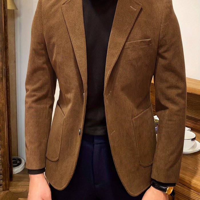 Men's Corduroy Blazer - Casual Single-Breasted Jacket with Suit Collar, Solid Color, Perfect for Fall\u002FWinter