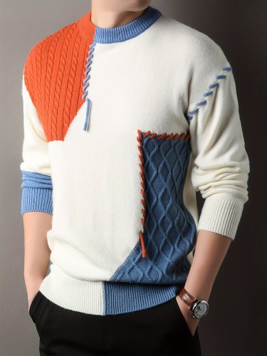 1pc Men'S Korean Style Crew Neck Sweater, Casual Striped Pattern, Rib-Knit, Slight Stretch, Loose Fit, Acrylic Knit Fabric, Thick Warm Patchwork Pullover for Fall\u002FWinter - Fashionable Color Block Base Layer Top 12422