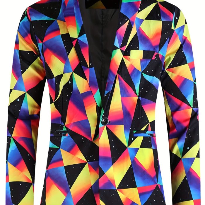 3D Geometric Blazer Jacket - Vibrant Digital Print, Slim Fit, Casual Party Suit Coat for Men - Perfect for Fashionable Evening Occasions