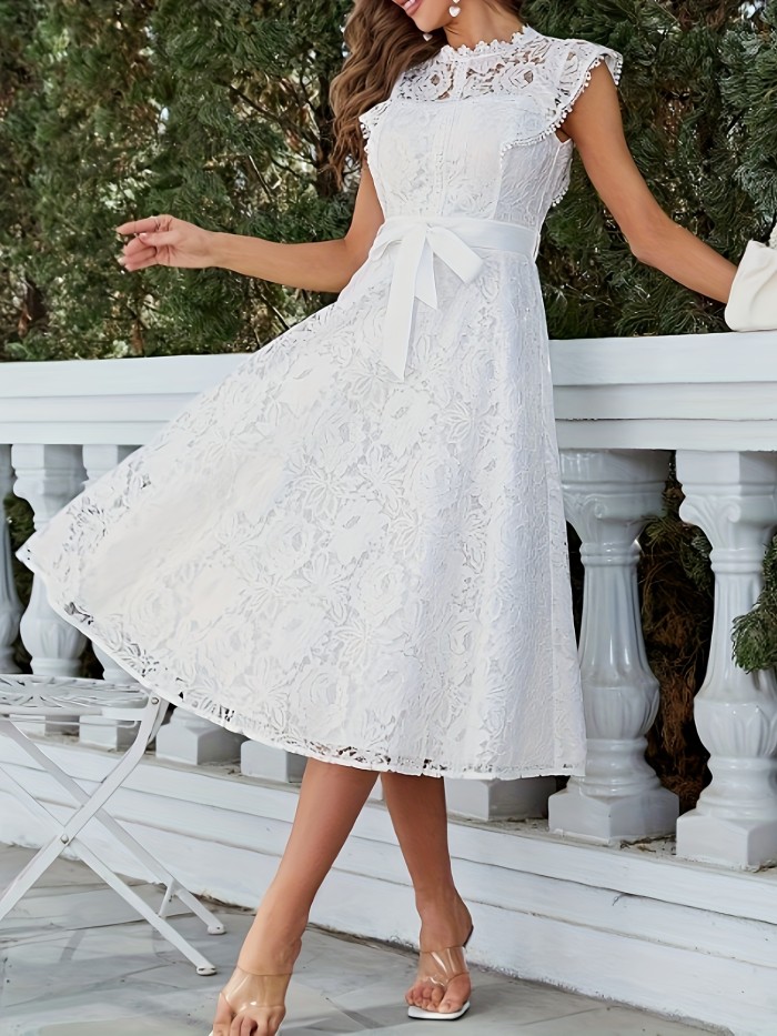 Stunning Lace Tie Waist A-Line Swing Dress - Elegant Cap Sleeves, Slim Fit, Club & Party Perfect, Women's Clothing for Special Occasions