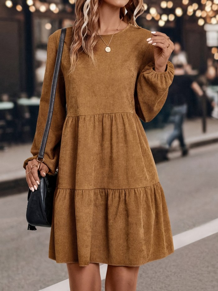 For Spring & Fall, Long Sleeve Solid Color Crew Neck Casual Tucked Dress, Women's Clothing