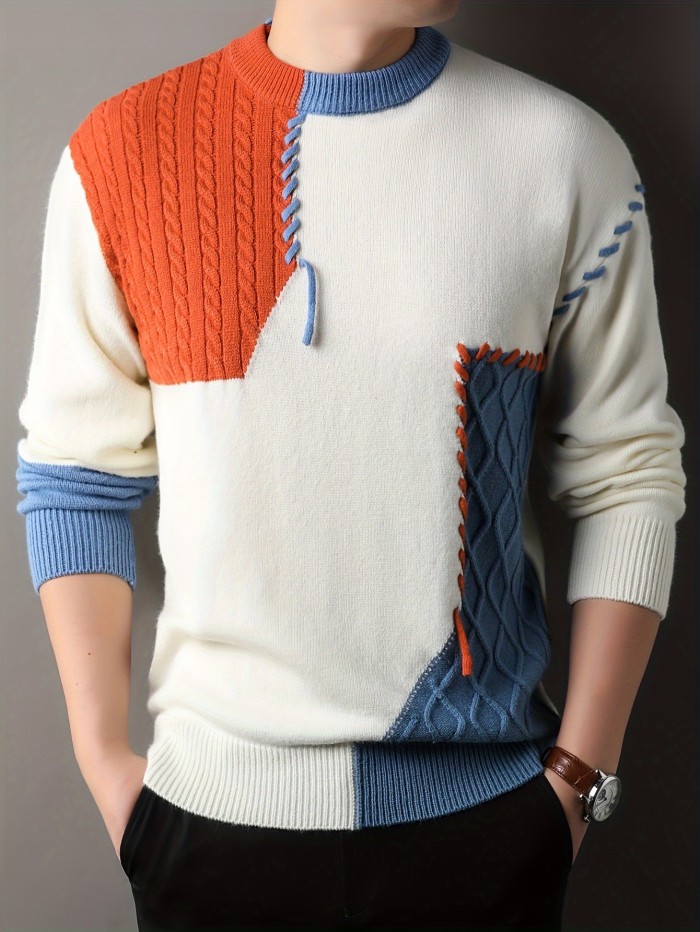 1pc Men'S Korean Style Crew Neck Sweater, Casual Striped Pattern, Rib-Knit, Slight Stretch, Loose Fit, Acrylic Knit Fabric, Thick Warm Patchwork Pullover for Fall\u002FWinter - Fashionable Color Block Base Layer Top 12422