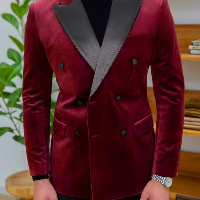 Luxurious Velvet Double Breasted Blazer - Exquisite Business Casual High-Quality Red Suit Jacket with Elegant Style, Soft Touch, and Classic Fit for Men - Perfect for Formal Events, Weddings, and Job Interviews
