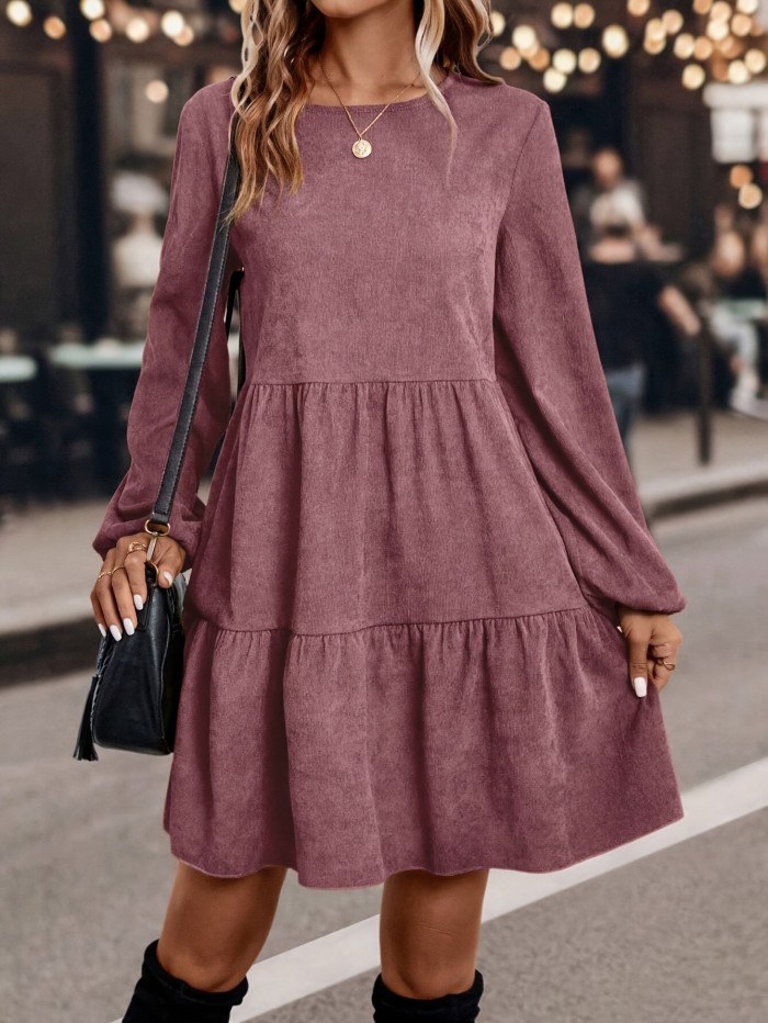 For Spring & Fall, Long Sleeve Solid Color Crew Neck Casual Tucked Dress, Women's Clothing