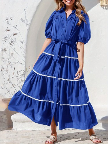 Elegant Women's Summer Dress - Flowy, Button-Down with Puffy Sleeves & Tie Waist, Solid Color, Machine Washable