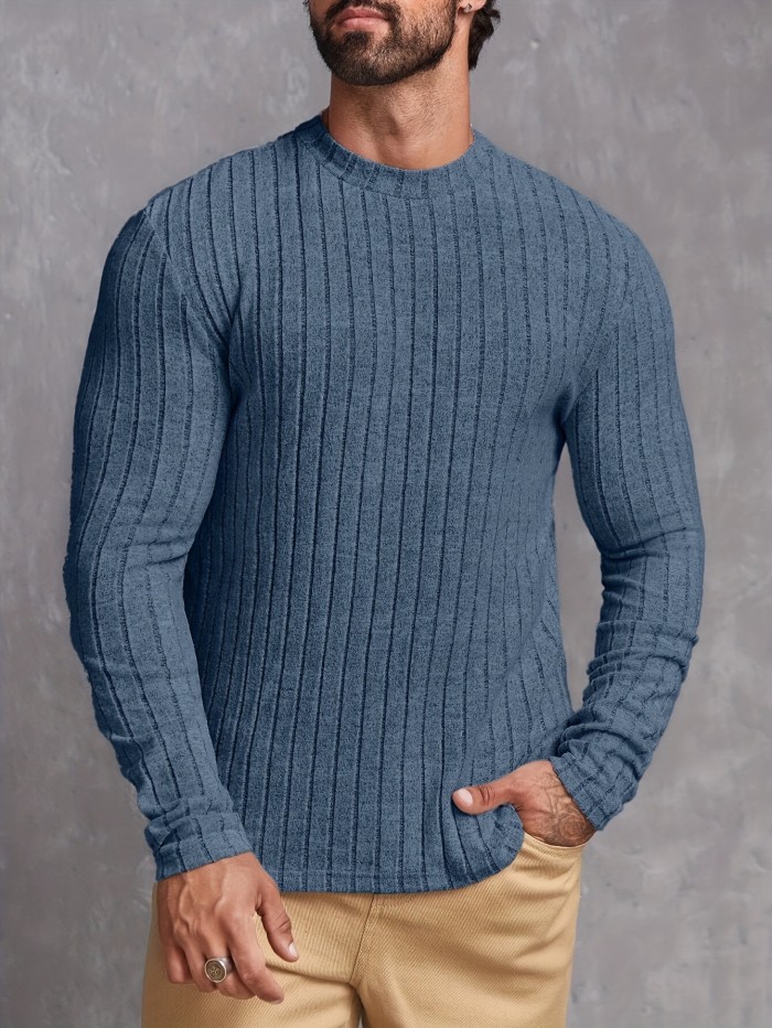 Ribbed Mens Slim Fit High Stretch Knitted T-Shirt - Ultra-Comfortable Long Sleeve Pullover for Spring & Fall - Versatile Round Neck Top