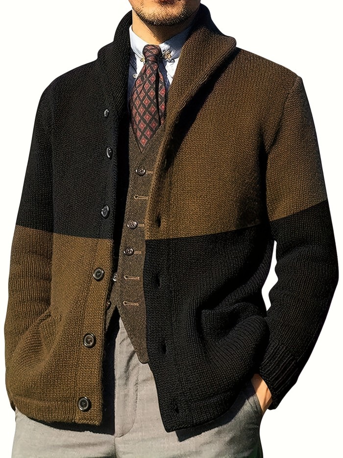 Men's Winter Knit Sweater Cardigan, Casual Oversized Color Block Pullover, Long Sleeve, Round Neck, Button Front, Nylon Lining, Outdoor & Evening Wear, Spring\u002FAutumn Fashion