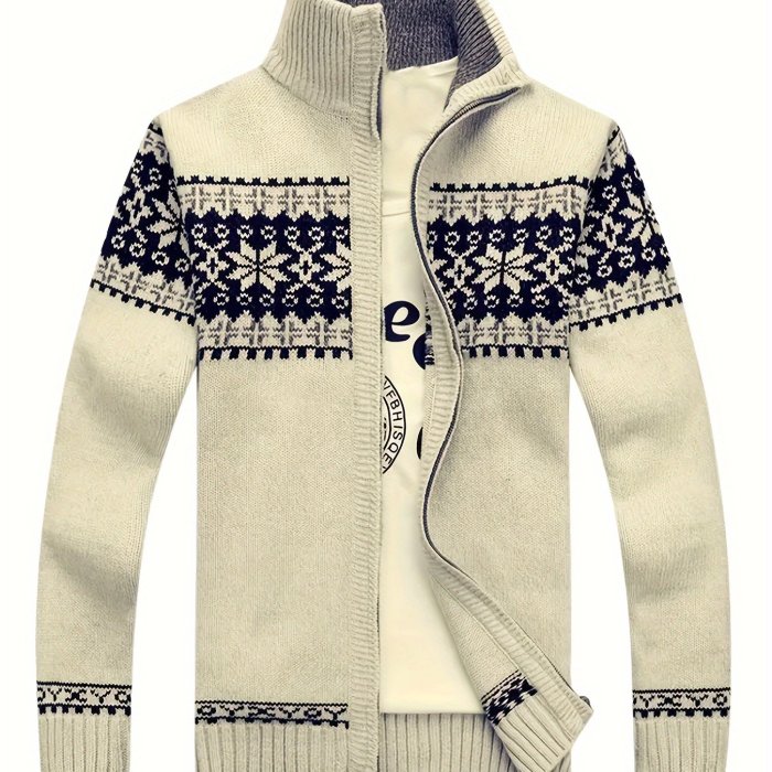 Geometric Snowflake Cardigan - Classic Style, Loose Fit, Stand Collar, Zip Up, Graphic Knit, Leisure Top for Winter and Fall, Cozy and Warm