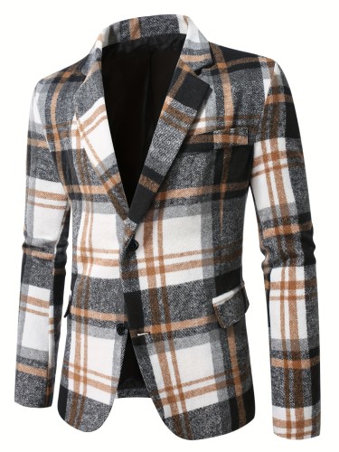 Men's Checkered Graphic Print Blazer With Pockets, Casual Two Button Lapel Suit Jacket For Spring Fall Business Banquets, Parties