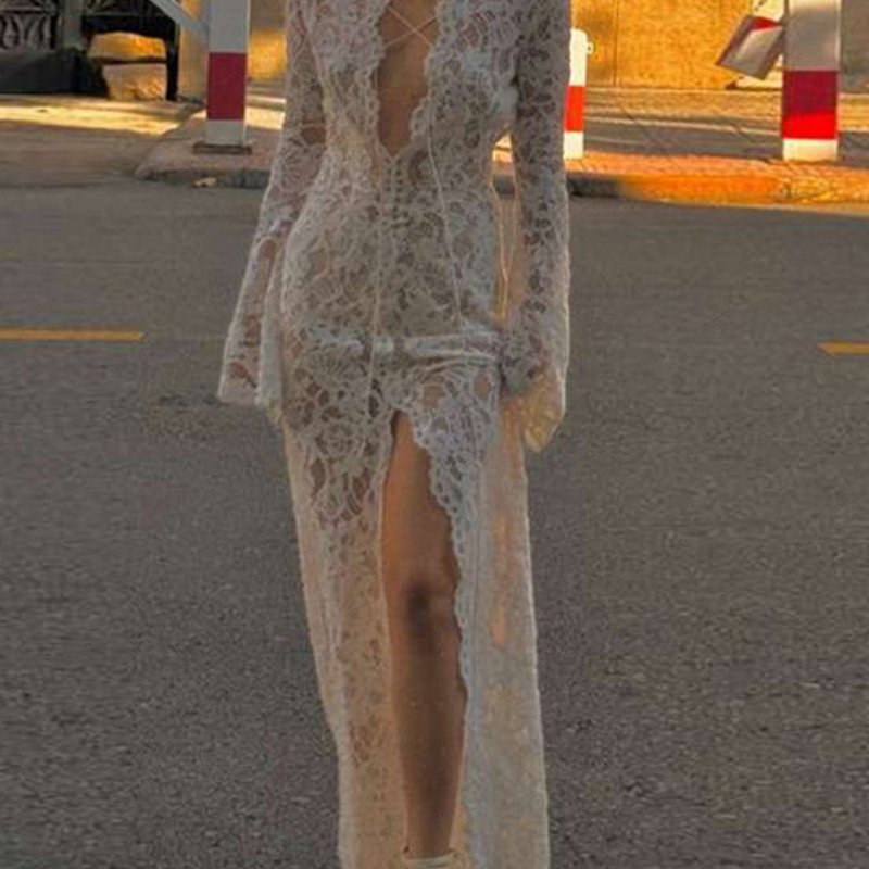 Elegant Sheer Lace Maxi Dress for Women - Long Sleeve, V-Neck with Floral Tie Detail & High Slit, Slim Fit Mesh Gown