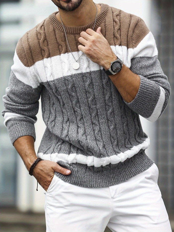 Men's Color Block Knit Sweater - Casual Crew Neck Long Sleeve Pullover for Fall\u002FWinter, Polyester Blend, Regular Fit